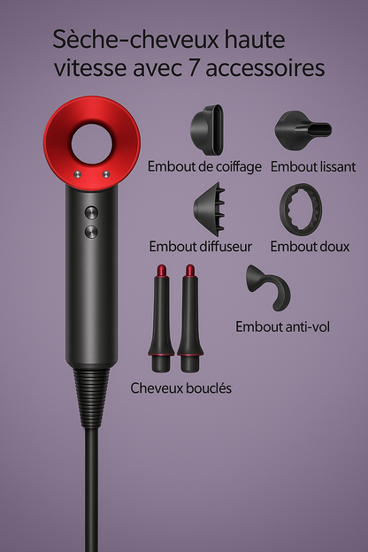 Sèche-cheveux ionique avec 7 embouts professionnels inclus